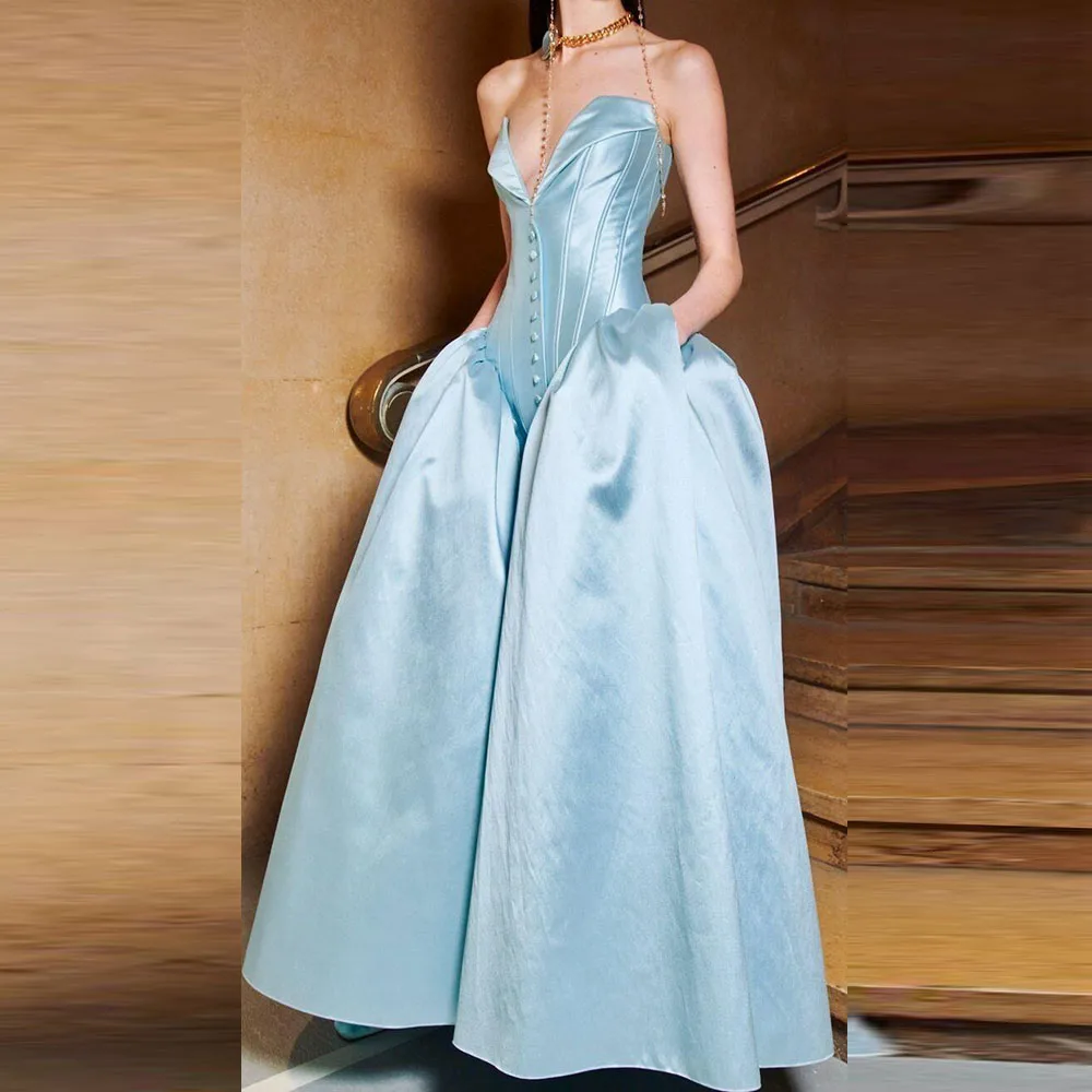 

Elegant Baby Blue Evening Dresses Women Strapless Sleeveless High Quality Banquet Celebrity A Line Exquisite Female Gowns