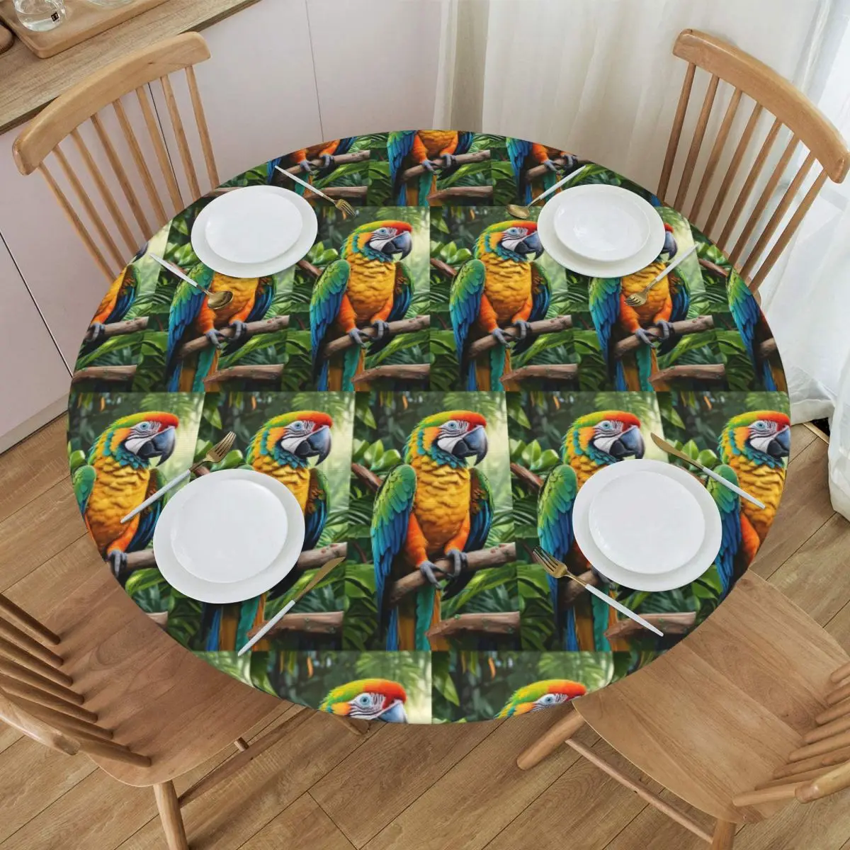 Cute Macaw Parrots Waterproof Round Tablecloth Oilproof Table Cloth for Kitchen Events Dining Table Cover