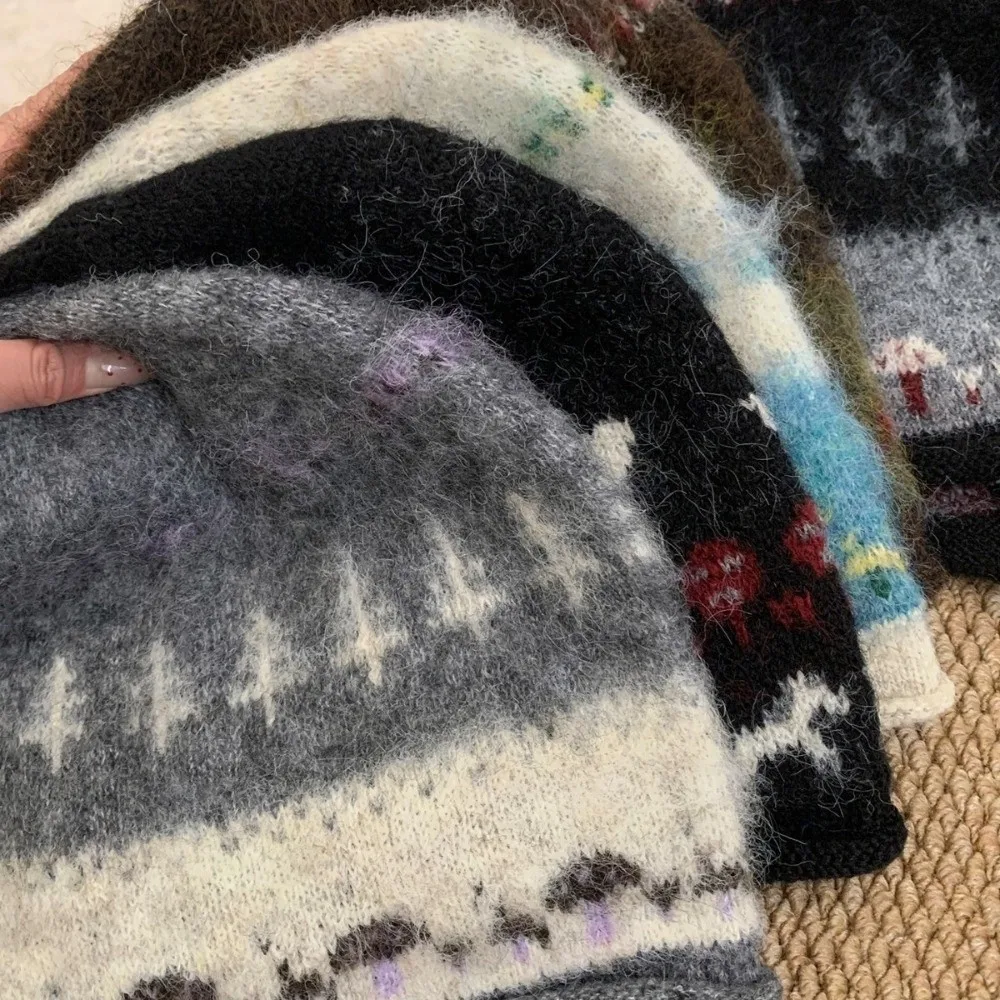 Retro Fair-Isle-Stil Jacquard-Strickmütze Verdickte Übergroße Pullover-Mütze Winddichte Warme Wintermütze für Damen – Detail 7
