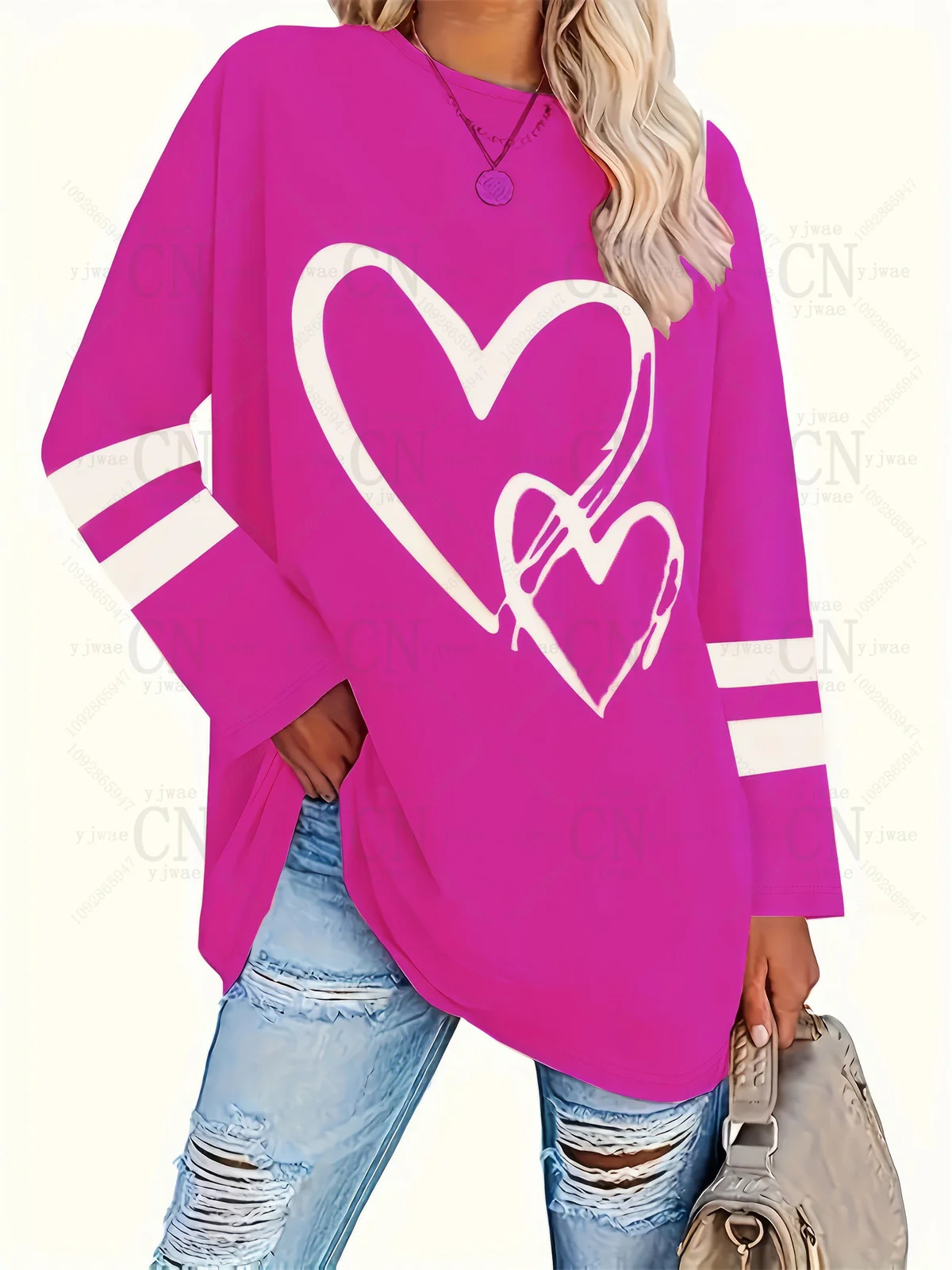 Plus Size Populaire Loszittende Lange Mouw T-shirt met Hartprint Simpele Streetwear Veelzijdige Top Dames Langarm T-shirt