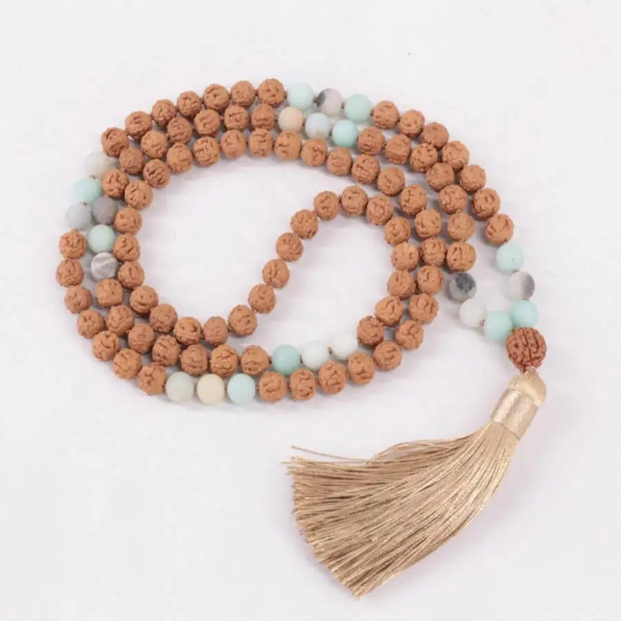 Natural Rudraksha 108 Beads Mala Necklace with Amazonite & White Jade Spacers view 5