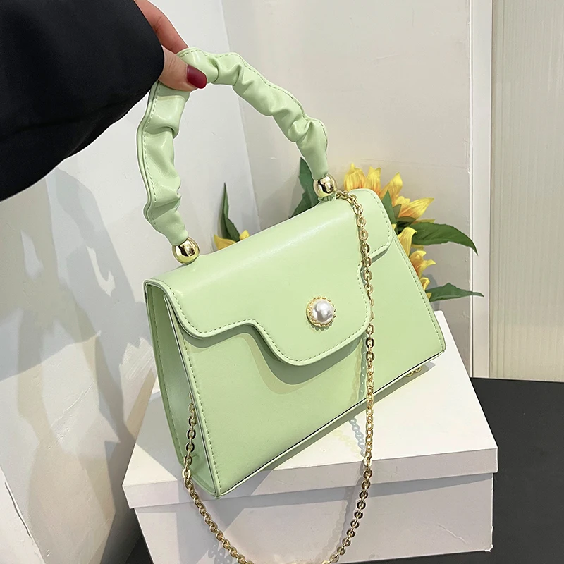 French Style High Level Women Handbag Solid Color Flap Pearl Decor Female Crossbody Bag Chic Simple Ladies Shoulder Bag