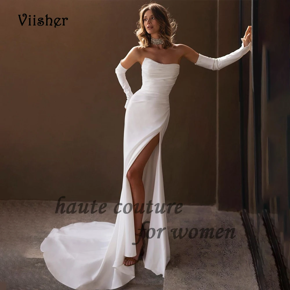 

White Satin Mermaid Wedding Dresses with Slit for Bride Strapless Bodycon Long Bride Dress Simple Civil Wedding Gowns