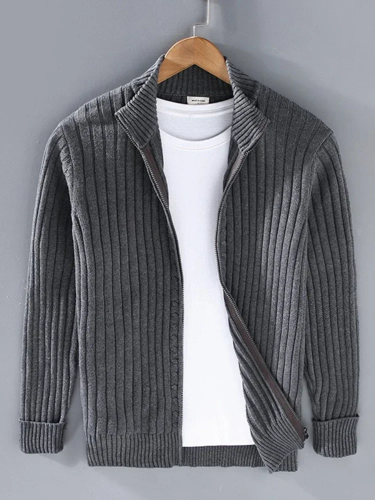 Autumn Winter New Men Cardigan Sweater Men's Stand Collar Zipper Cotton Thickened Knit Solid Color High Street Clothes