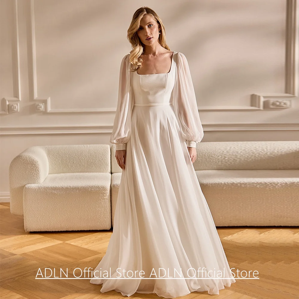 

Simple Ivory Chiffon Wedding Dress Customized Puff Sleeves Square Neck Sweep Train Open Back Beach Bridal Gown Robe Mariee