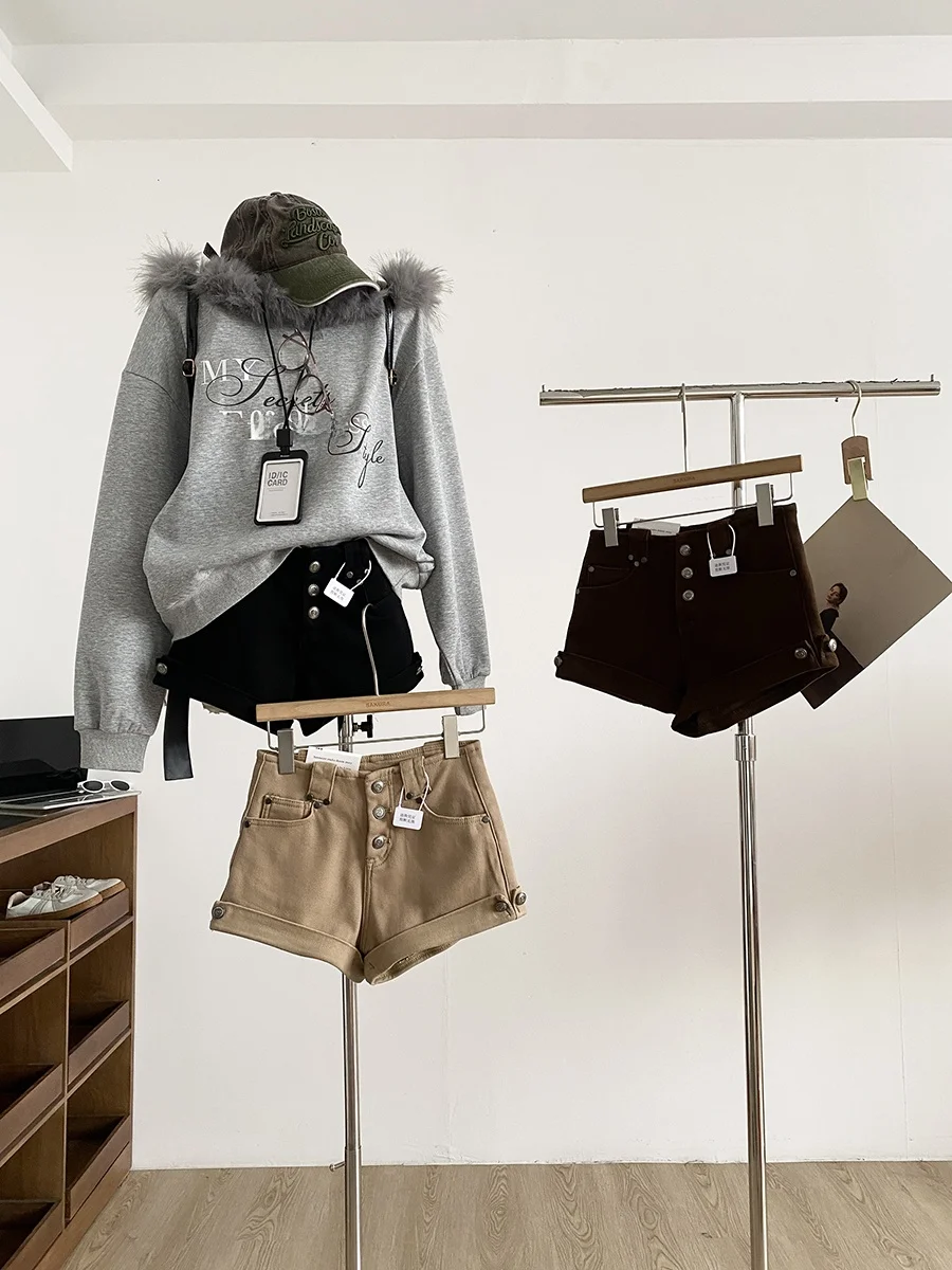 High Waist Single Button Denim Shorts Women's Slimming Casual Autumn Winter New Style American Hot Girl Fashion Trendy