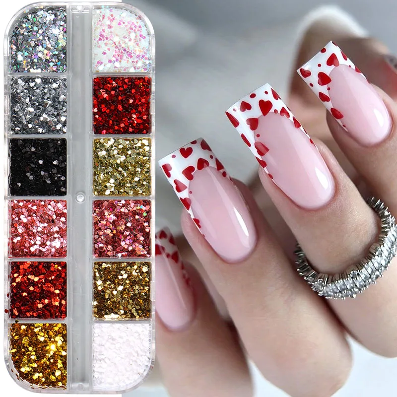 12 grilles mignon Mini amour coeur ongles paillettes flocons brillant irisé coeur paillettes Style coréen ongles breloques saint valentin décoration