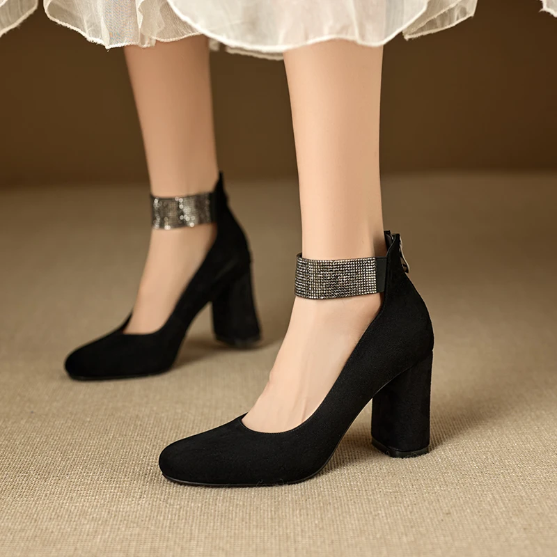 

Genuine Leather Mary Jane shoes Womens Pumps Shoes for Women Imitation rhinestone sparkling Round Toe High Heels Woman shoes