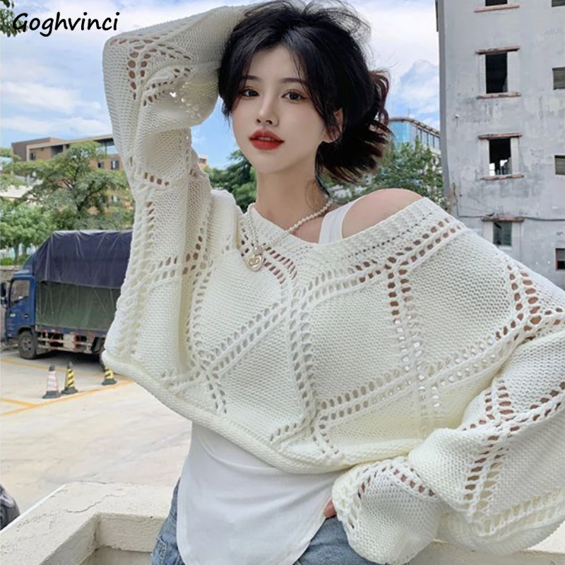 

Pullovers Women Simple Fall Chic Loose Solid Hollow Out Argyle New Trendy Slash Neck Casual Hot Girls Newly Fashion Off Shoulder