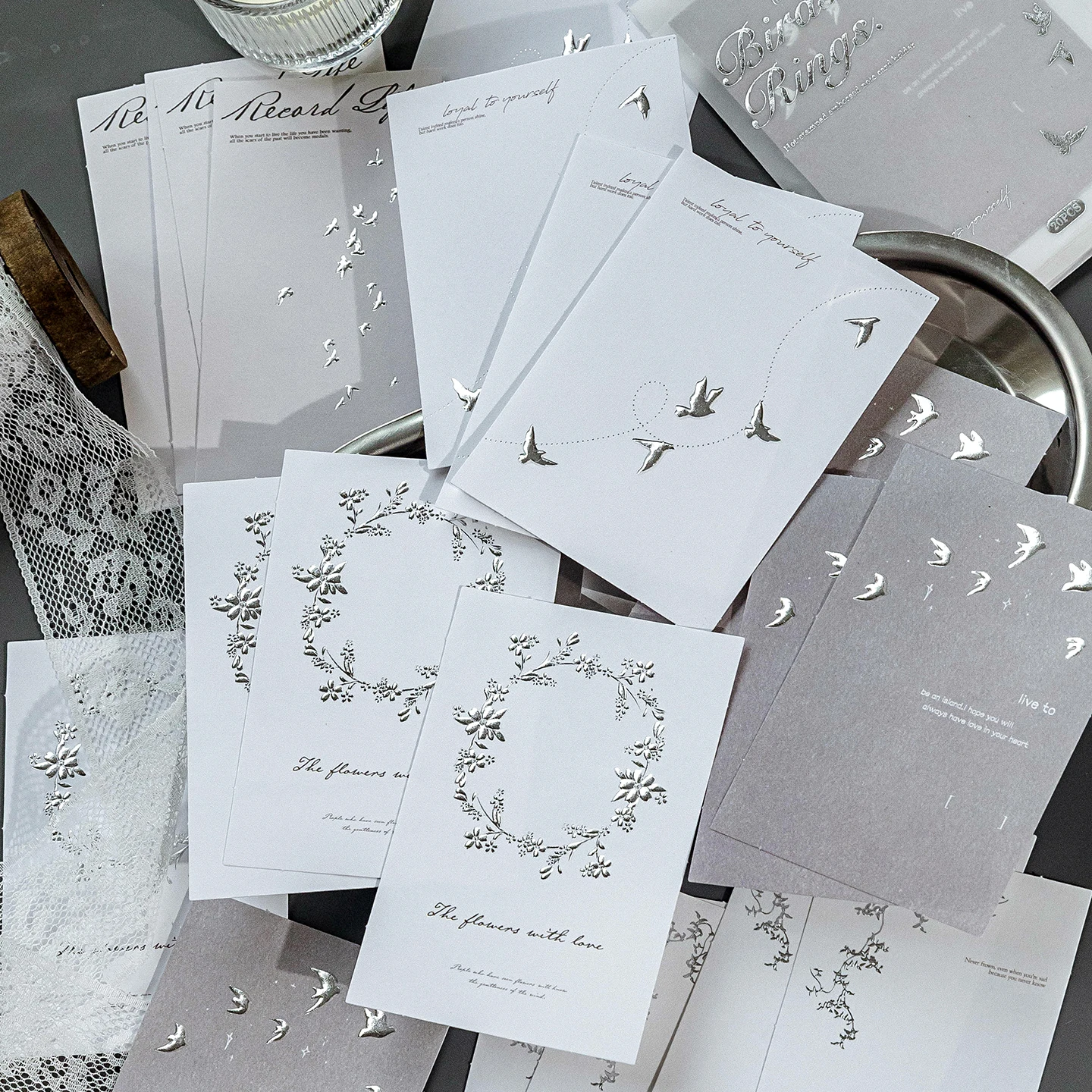 Morning Rain Silver Embossed Relief Note Paper High-Value Moon Plant Butterfly Vintage Journal Material Background Paper