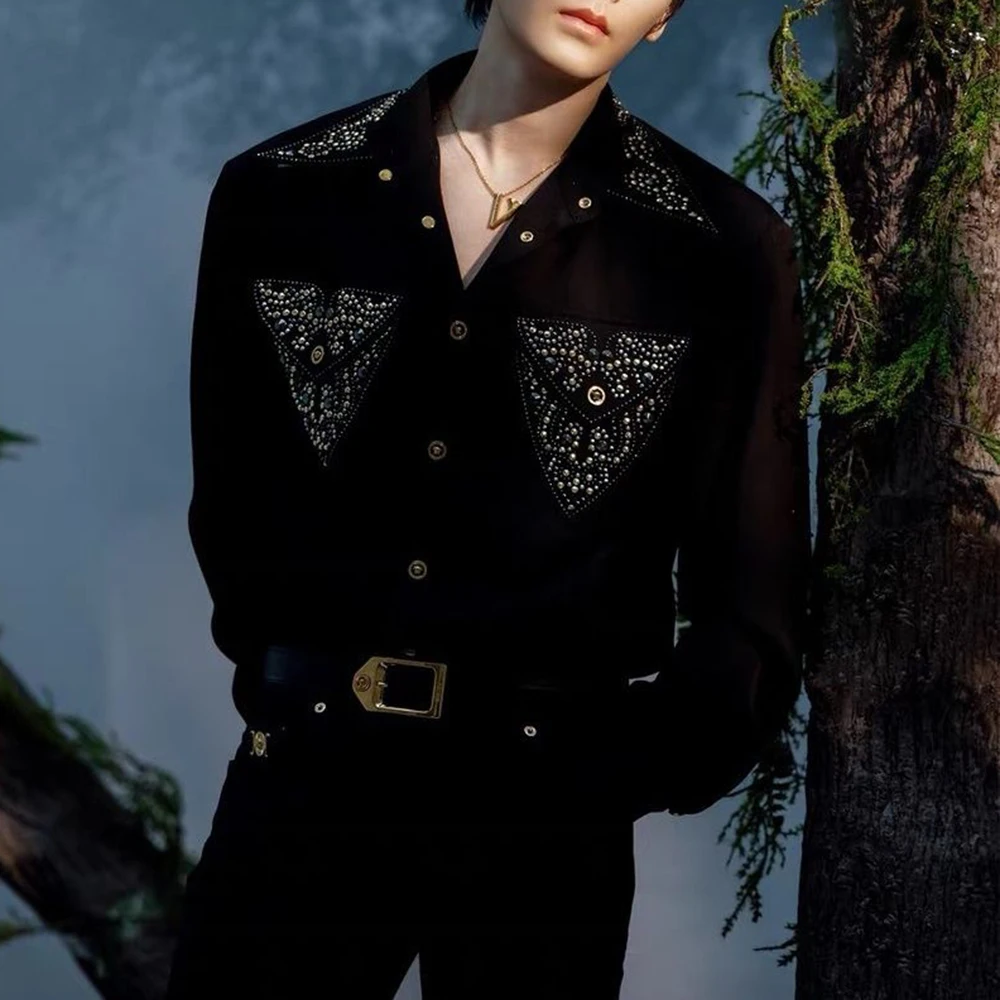 

Мужская весенняя рубашка с камнями для бальных танцев, уличная мода, для ночных клубов и сценических выступлений, трендовый топ с длинным рукавом, мужская одежда 2026