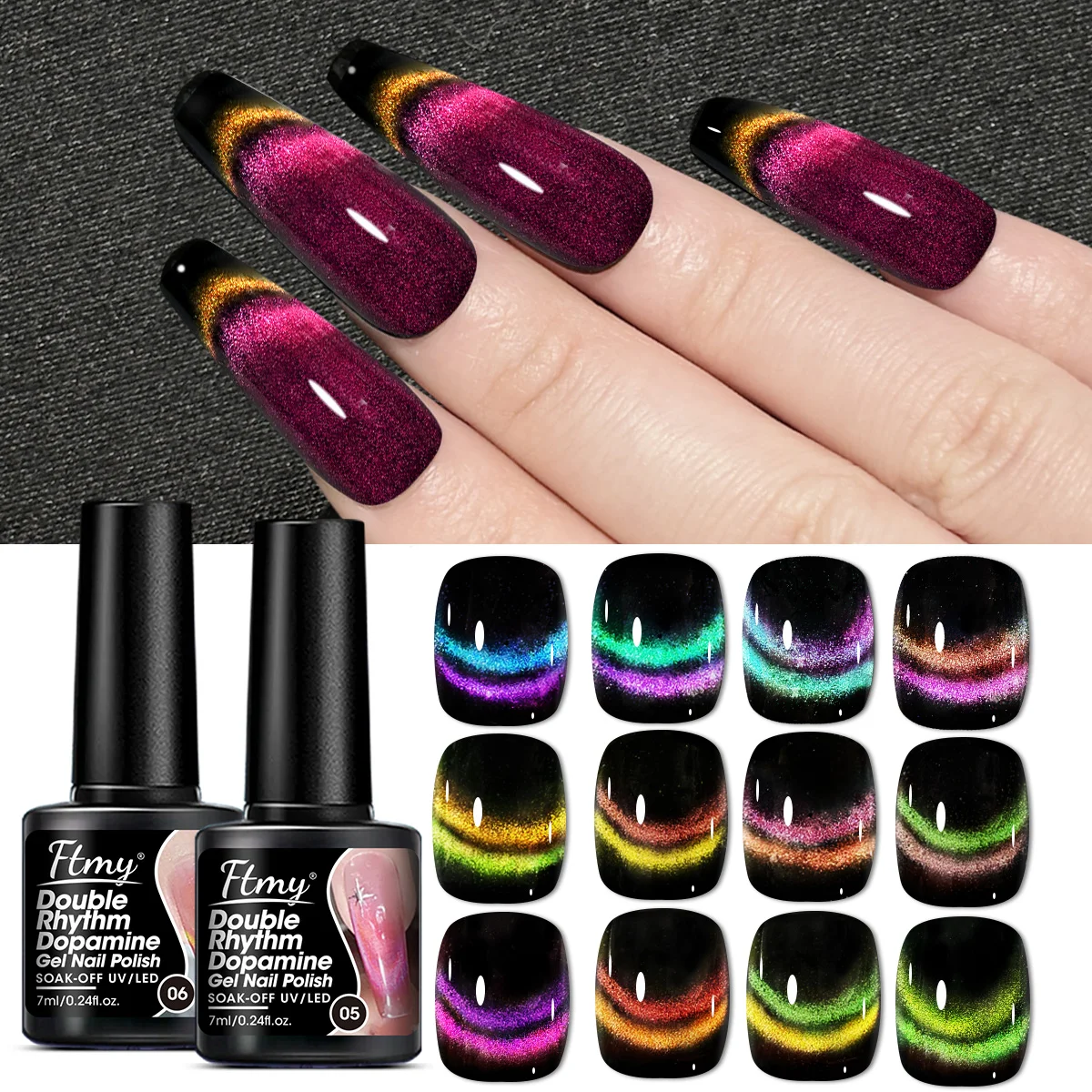 غراء أظافر عين القطة مزدوج الضوء من دوبامين 7 مل - طبقتين من تأثير لامع شفاف وشفاف مع أظافر سوداء - بيرفيف #4