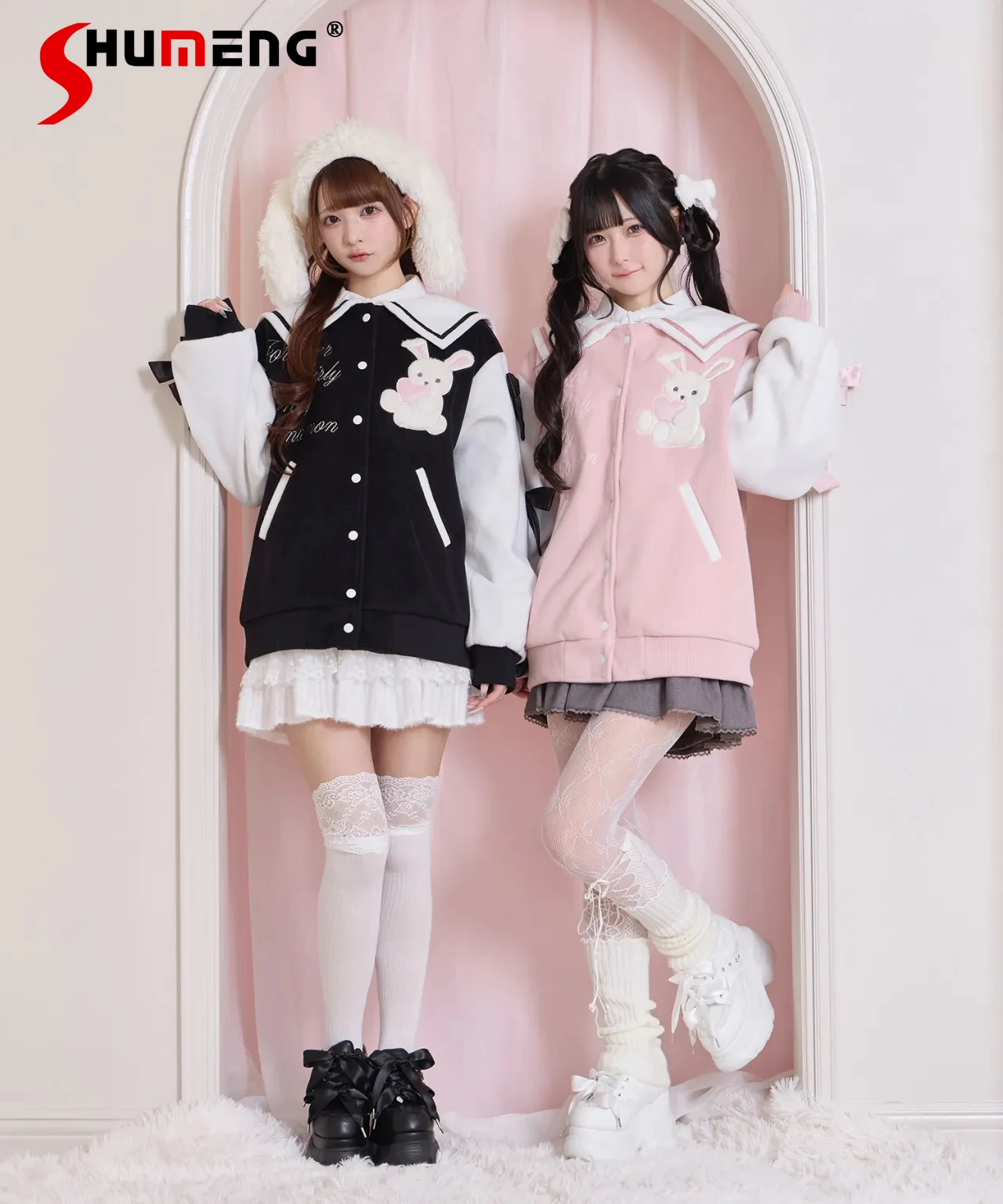 

Японский стиль, милая мультяшная вышивка, длинный рукав, бант, свободная повседневная толстая бейсбольная куртка для женщин, зимняя верхняя одежда, пальто