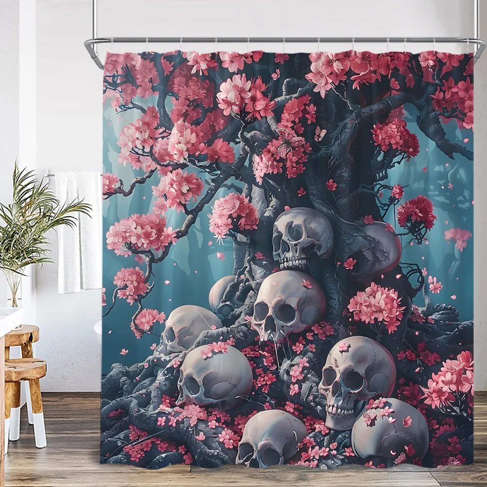 Halloween Skeleton Shower Curtain Skull Cute Ghost Full Moon Night Scary Spooky Bathroom Decor Happy Halloween Bathtub Curtain