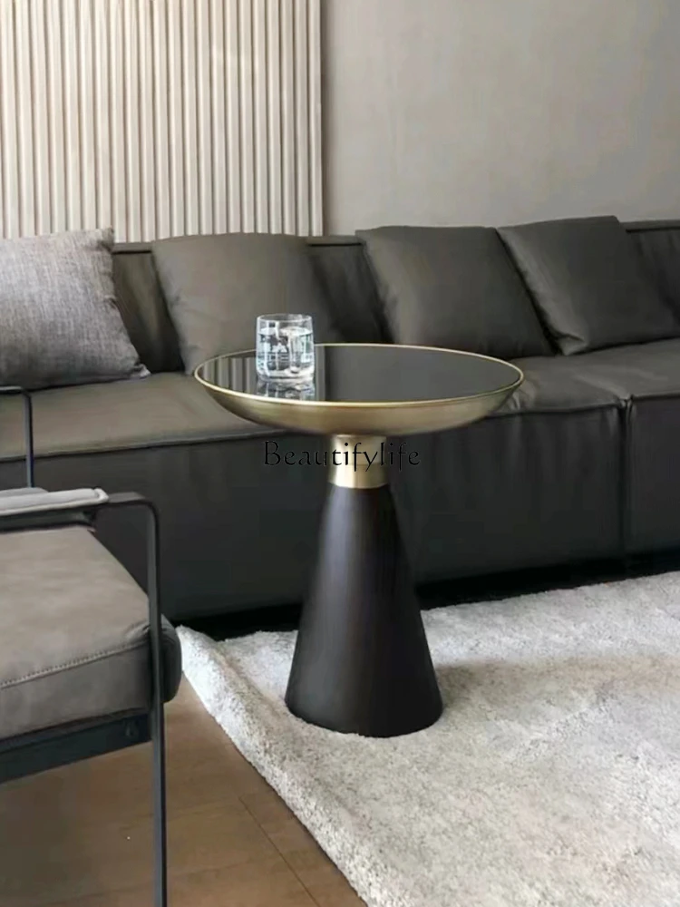 

Light luxury solid wood sofa corner few small apartment Italian minimalist designer glass round small coffee table