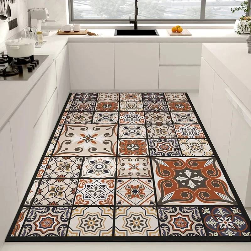 Retro Tile Pattern Floor Mat Kitchen Accessories Large Area Non-slip Carpet Mats Home Decoration Luxury Rug Entrance Doormat