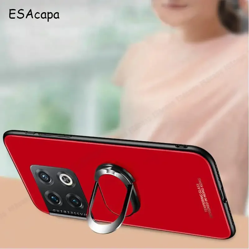 حافظة هاتف بحامل حلقي مغناطيسي من الزجاج المقسى لهاتف Oneplus 10 Pro غطاء خلفي صلب مقاوم للصدمات لهاتف One plus 10Pro مع حبل قصير
