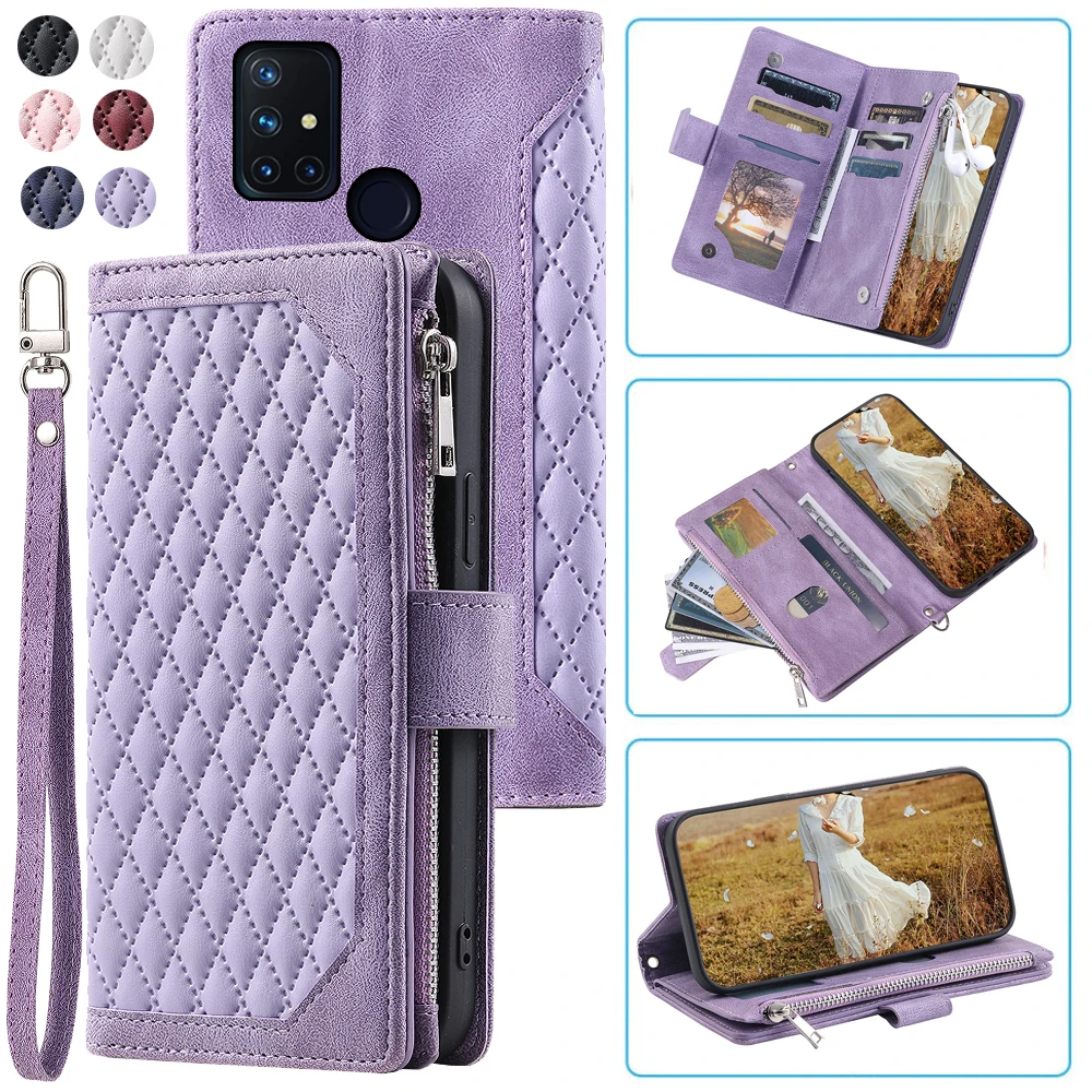 

Модный чехол-кошелек на молнии для OnePlus Nord N10, флип-чехол для телефона с несколькими отделениями для карт, чехол-книжка с ремешком на запястье