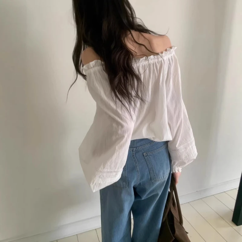 2026 Spring New Style Ribbon One Word Neck Hollow Design Simple Relaxation Long Sleeve Shirt for Women