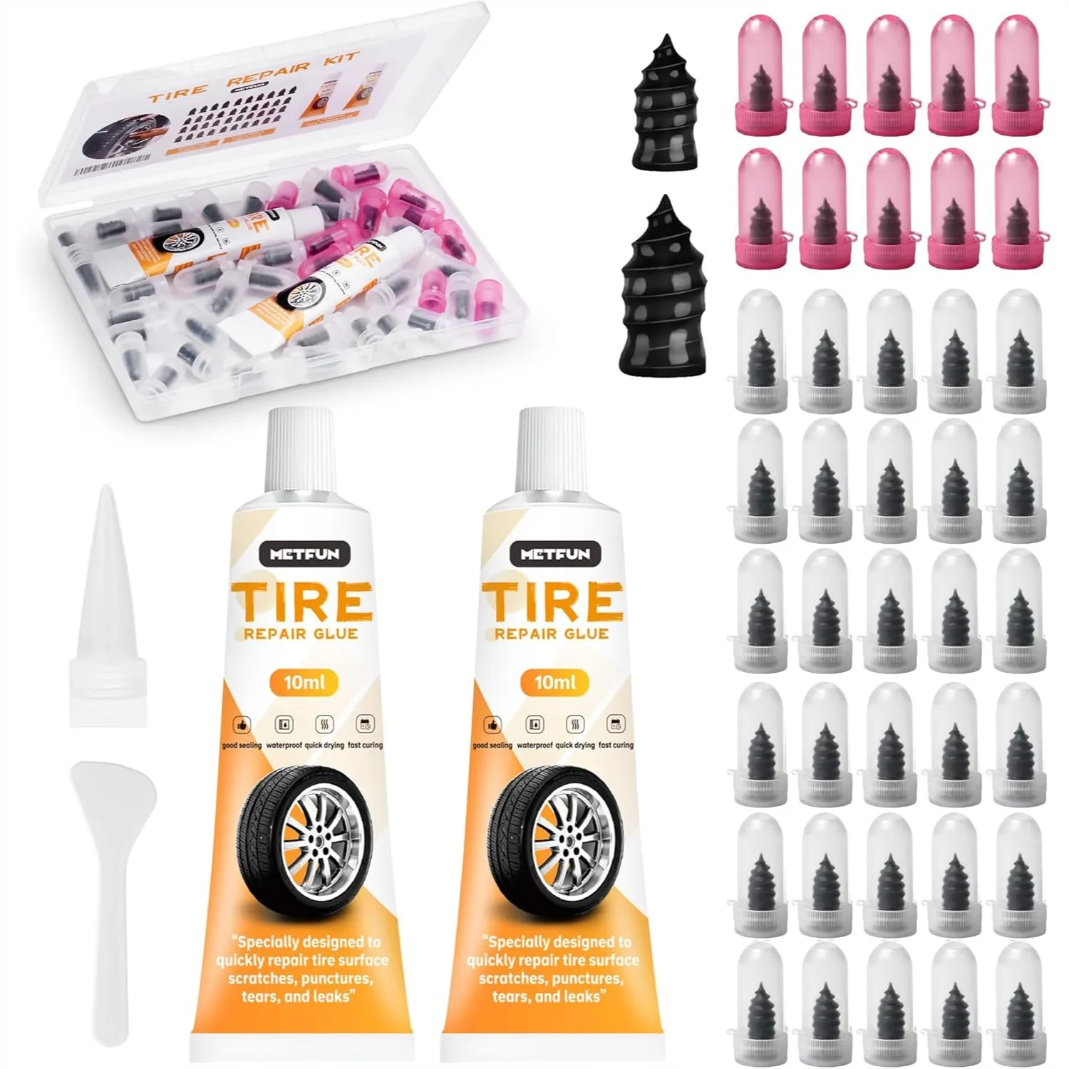 

40 PCS Tire Repair Rubber Nails Kit with 2 Tubes of Tire Sealant Glue, Screw in Tire Plugs for Car Motorcycle Truck Tractor