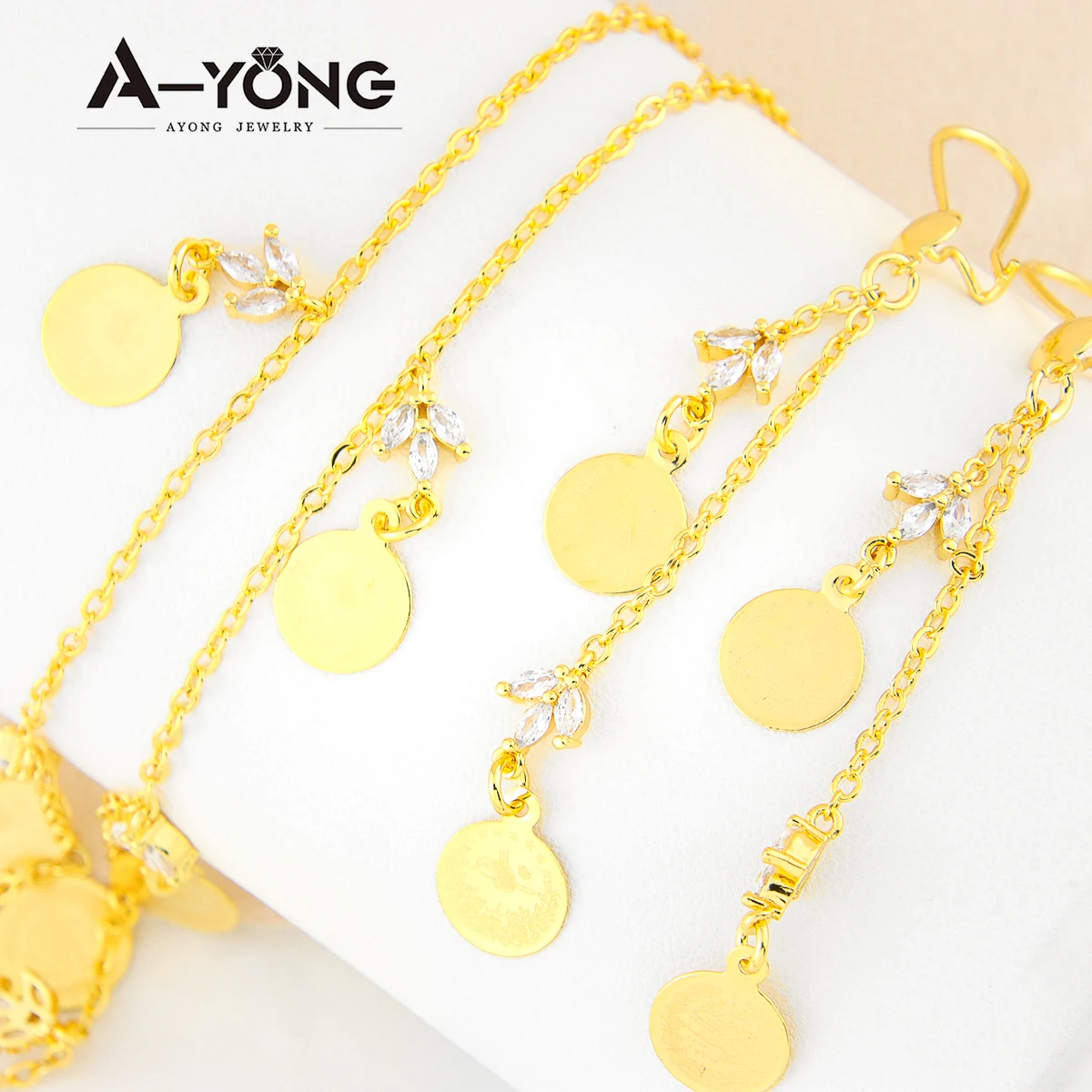 Türkische Münzen Halskette Set 21 Karat vergoldet Kupfer arabische elegante Zirkon Schmuck für Frauen Hochzeits feier Geschenke – Detail 5