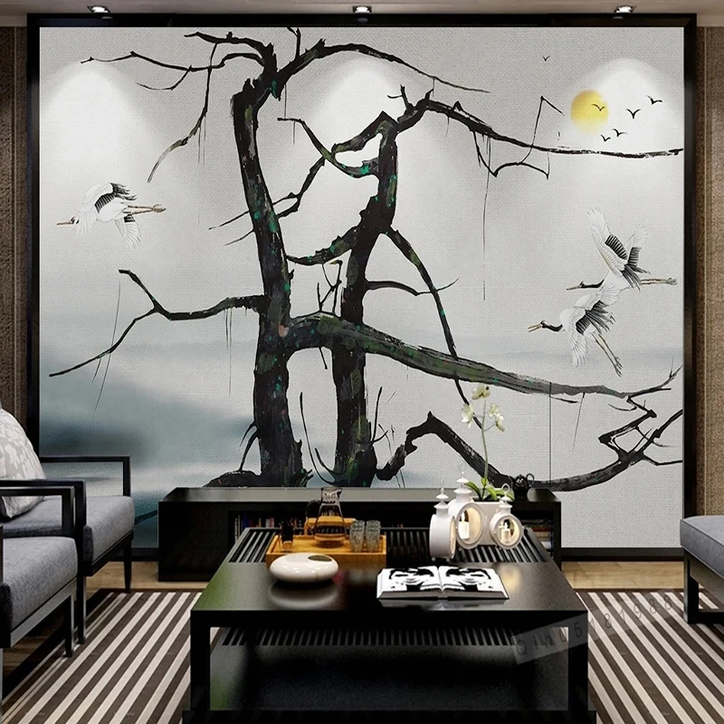 

New Abstract Landscape Wall Murals Photo Personalized Chinese Style Branch Crane Hand-painted Decoration Painting Papier Peint