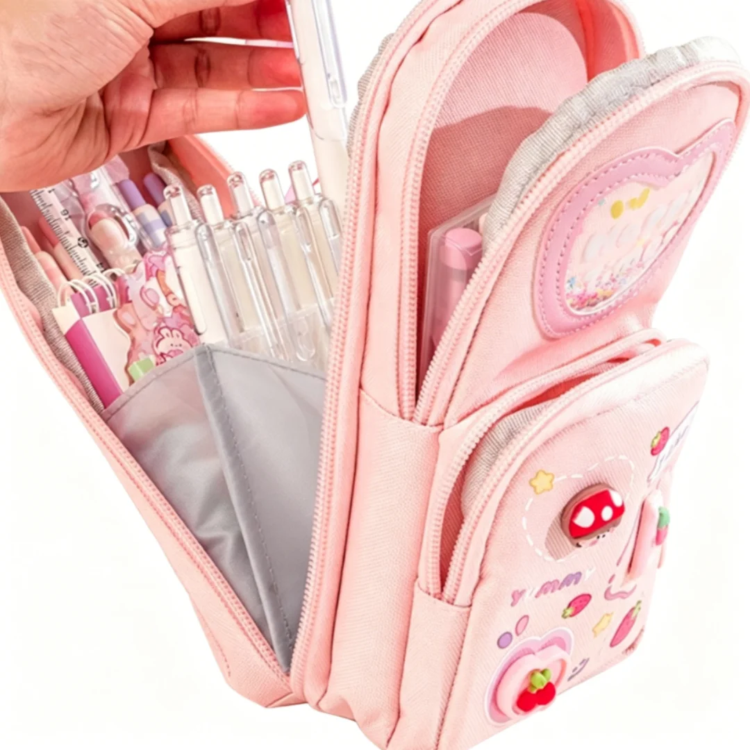 Three-Layer Student Backpack Pen Case Large Capacity Cute Cartoon Stationery Storage Bag Simple And Attractive Design