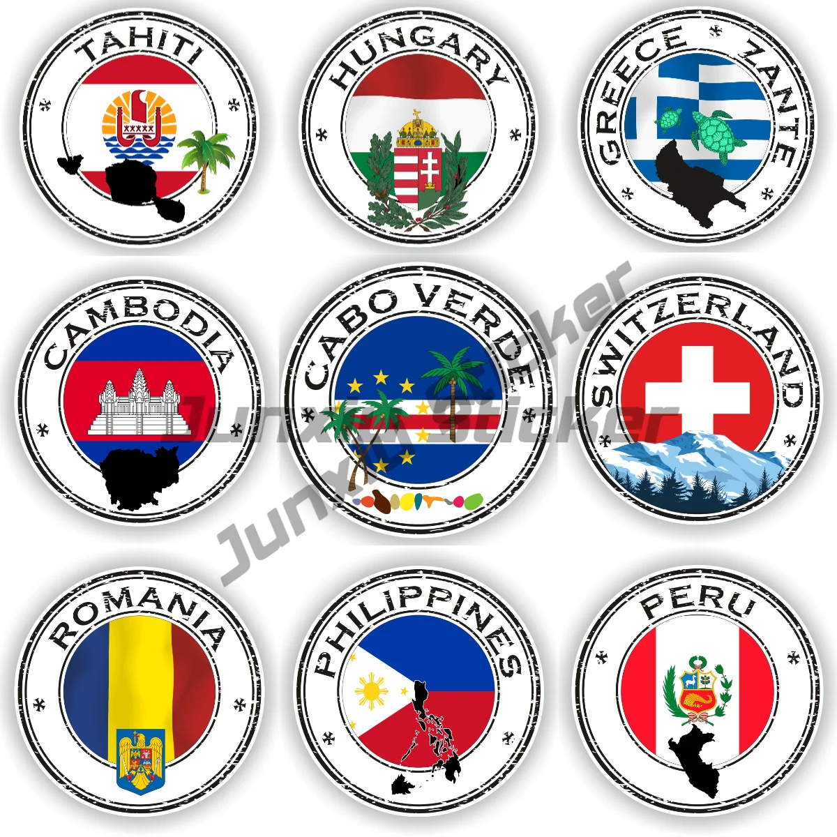 Cabo Verde Cambodia Peru Philippines Romania Tahiti Polynesia Zante Greece Round Flowers Car Sticker Vinyl Self-adhesive Decal