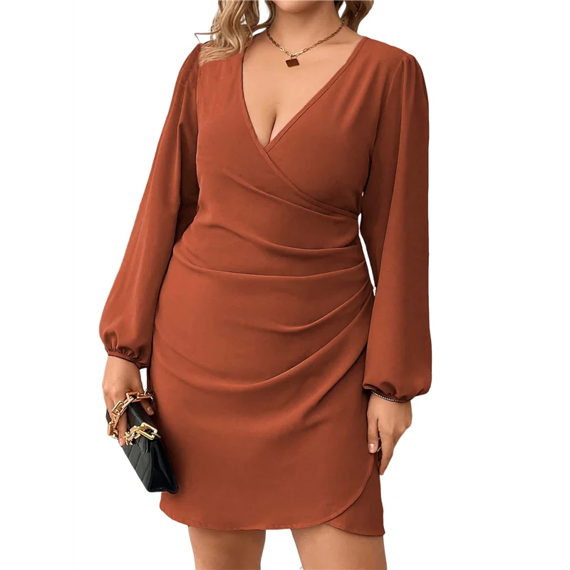 ABRT-grande taille femme portefeuille col en V moulante Mini robe bouffante manches longues froncé