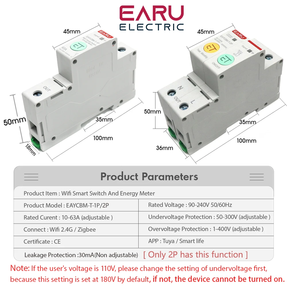 1P 2P TUYA APP Zigbee/WIFI Smart Energy Power Consumption kWh Meter Circuit Breaker Time Relay Switch Leakage Voltage Protection