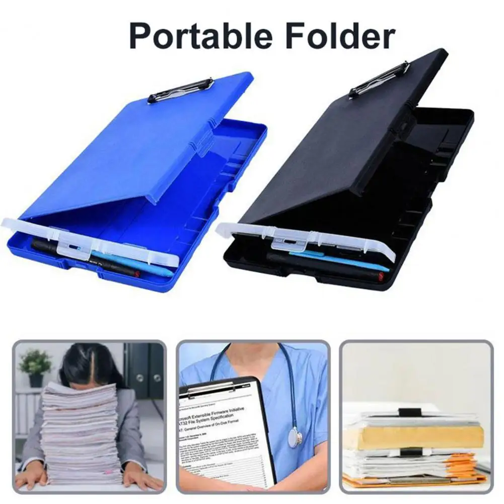 File Folder Organizer with Strong Lock Non-Slip Clips Hanging Holes Student 3-in-1 Clipboard Pencil Case File Storage Box