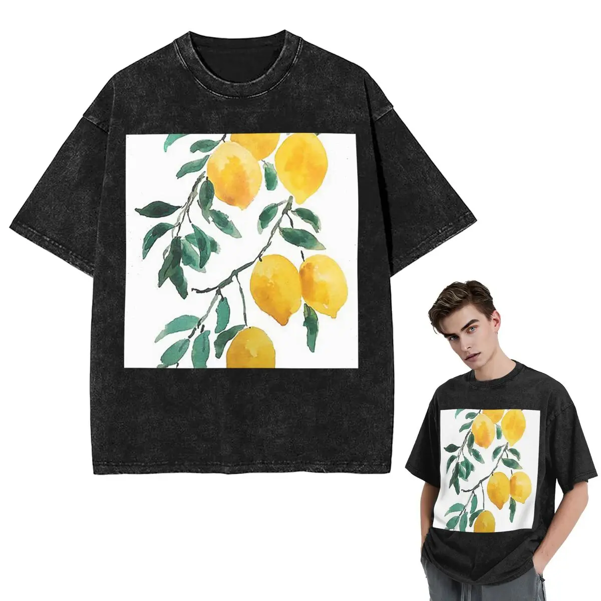 

Streetwear T-Shirts Hand Painted Yellow Lemon Watercol Washed T Shirt Short Sleeve Hip Hop T-Shirt Tops Tees for Men Women