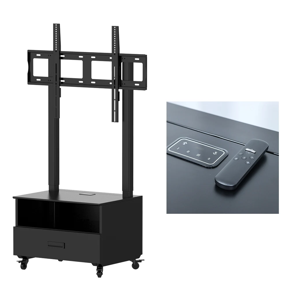 Modern Mobile Electric TV Stand with Storage Drawer Dual Column 600N 20mm/s Lift Cart with Casters for Smart Home Living Room