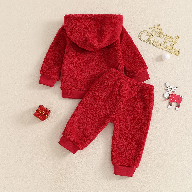 Suefunskry Baby 2Pcs Fall Outfits Long Sleeve Fleece Chick Hoodies and Trousers Christmas Set Toddler Warm Clothes