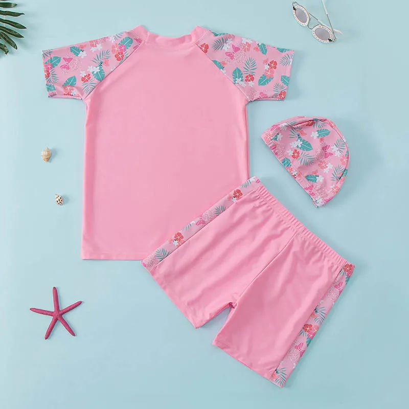 Girl Swimwear Girls Swimwear 3Pcs Swim Suit ( T Shirt+ Trunk+Cap) Short Sleeve Sunscreen Quick Dry Girl Set