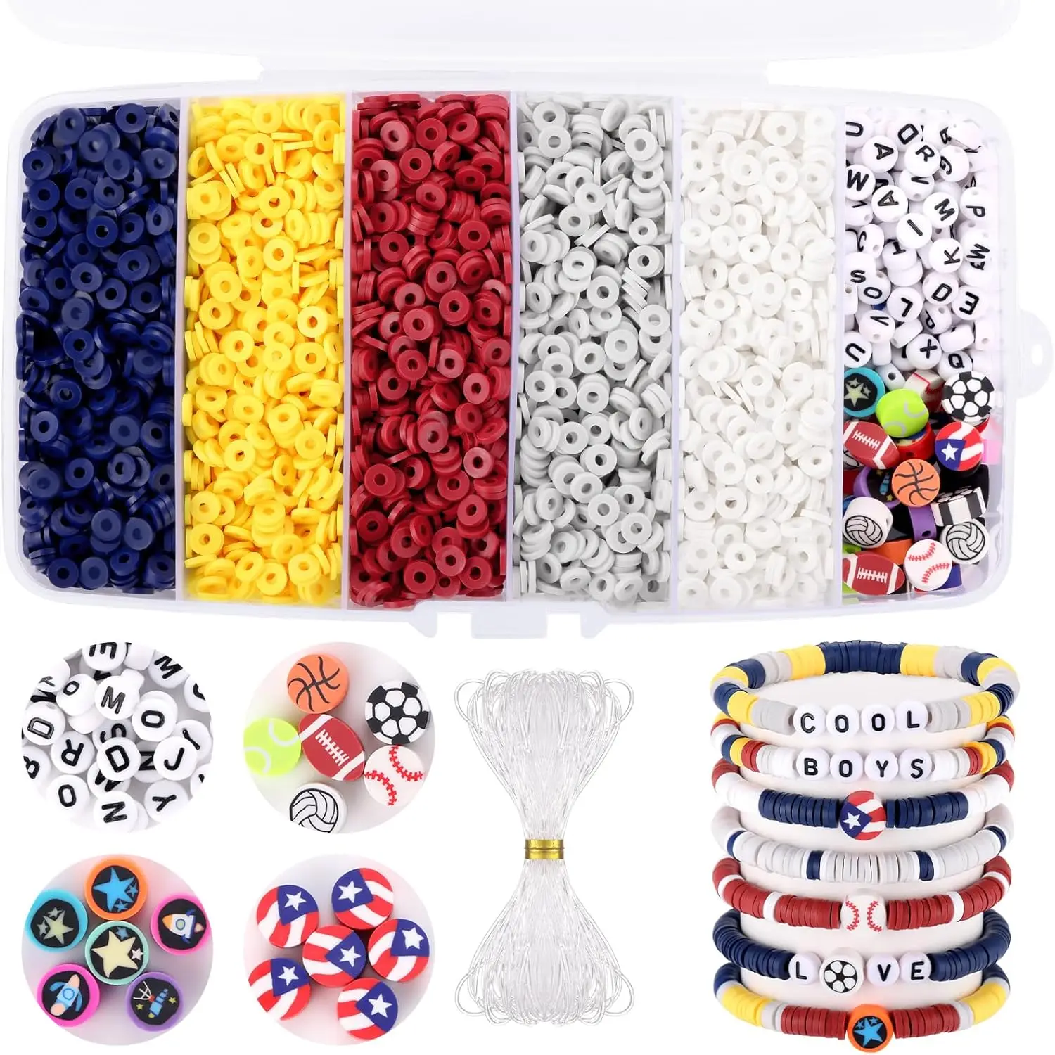 Red White and Blue Clay Beads, Clay Beads for Bracelet Making, 5000 Pcs Heishi Flat Round Bead, Friendship Bracelet Kit with Let