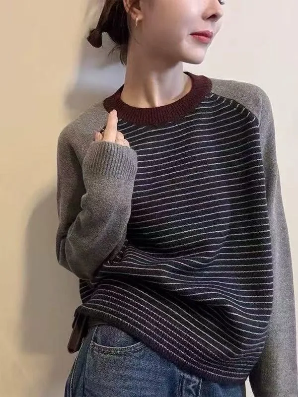 Prendas De punto, nuevo suéter De punto a rayas De manga larga, jerséis para Mujer, suéter De punto con cuello redondo, Jersey, Tops para Mujer, Sueters De Mujer Q2052