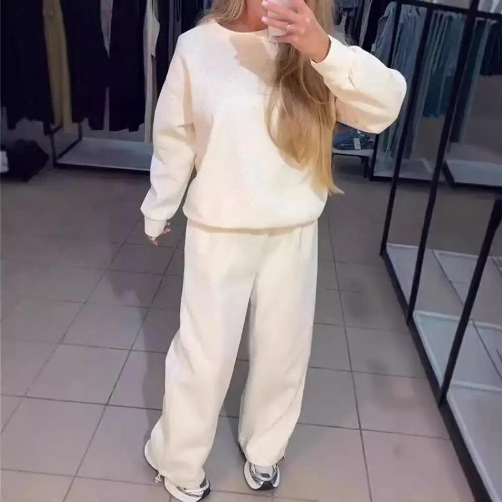 

Lady Sport Outfit Women's Rhinestone Decor Sweatshirt Wide Leg Trousers Set for Daily Wear Sport Outfit Round Neck Long for Fall