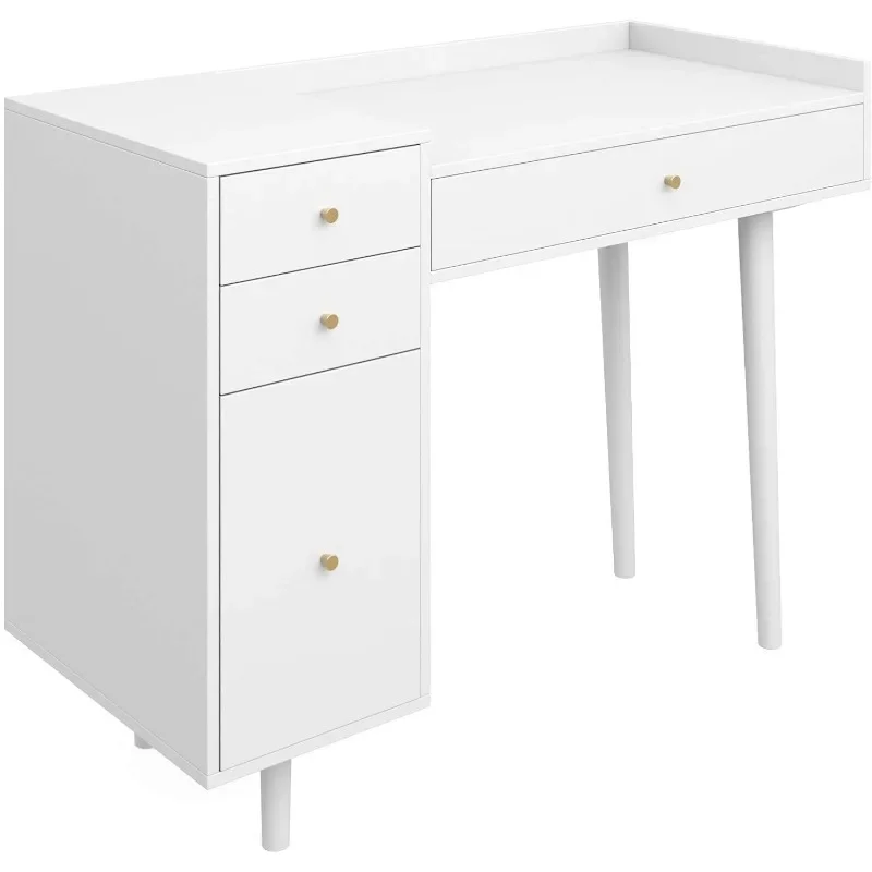 Nathan Daisy Vanity Dressing Table or Makeup Desk with 4-Drawers and Brass Accent Knobs White Wood