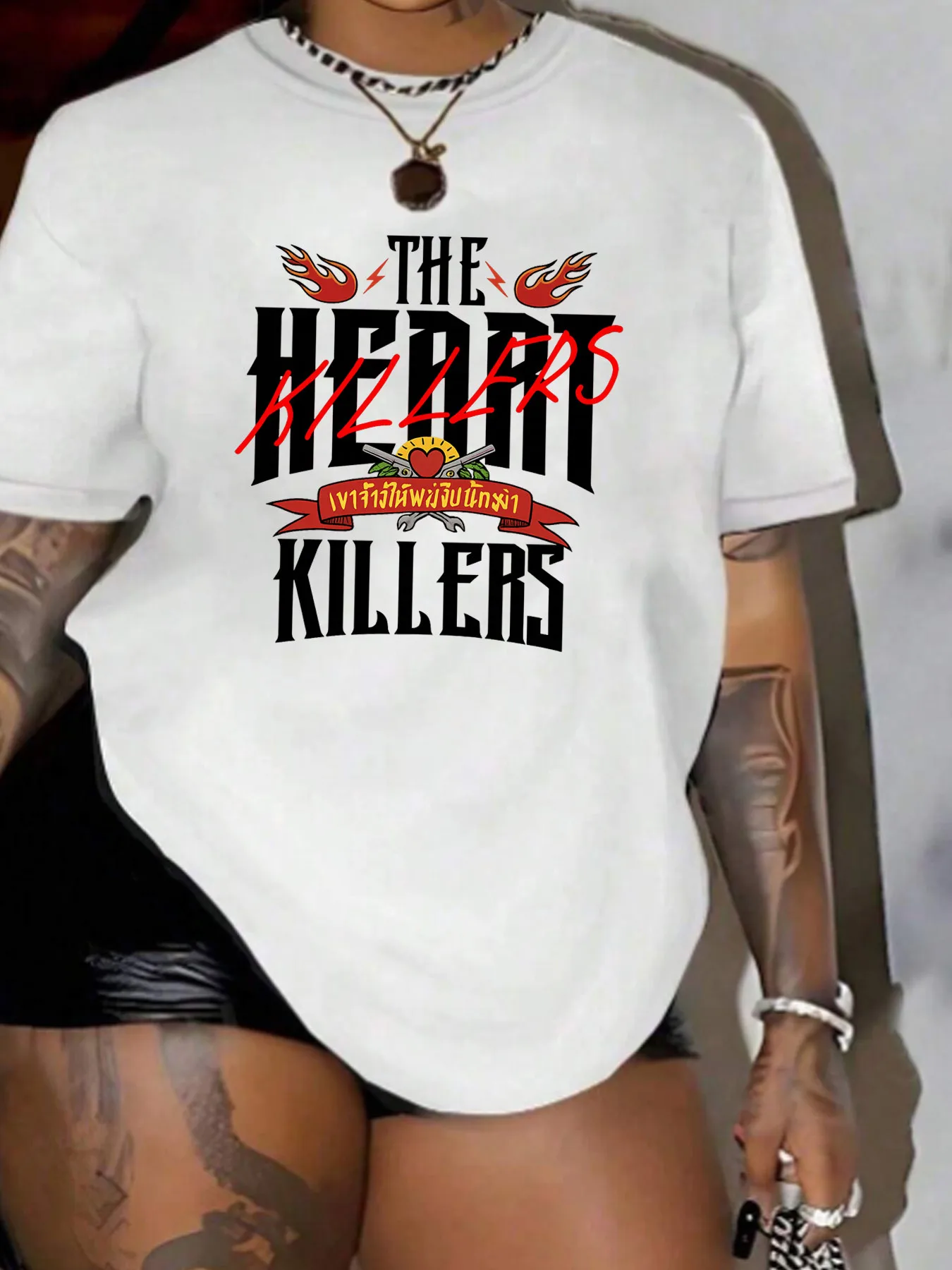 

【10114139】Женская футболка с круглым вырезом и мультяшным узором, модный топ с короткими рукавами и принтом, эластичная футболка