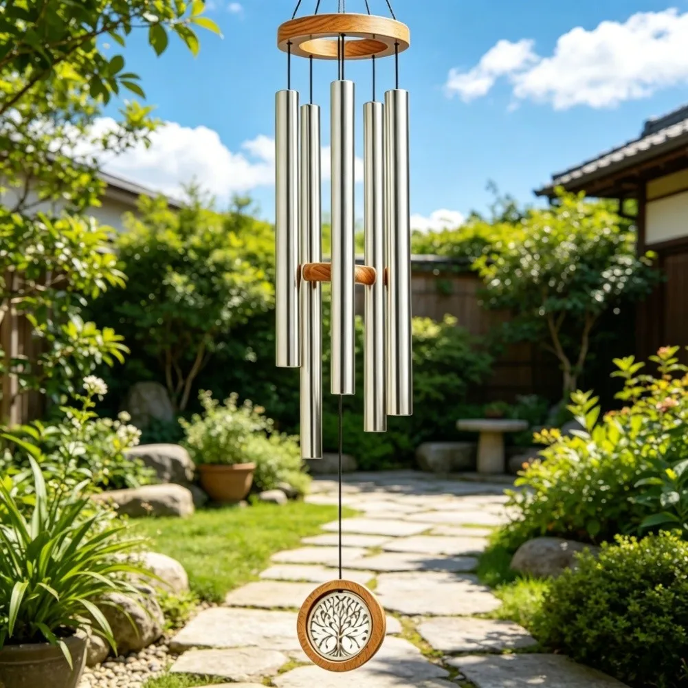 Outdoor Wind Chimes Carved Wooden Disc Large Gold Metal Tubes Rich Harmonious Tone Rustproof Hanging Ornament