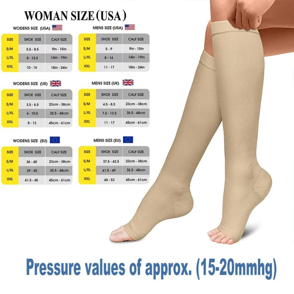 Meias de compressão médicas para homens e mulheres, joelho alto, dedo do pé aberto, esportes, corrida, compressão, s, m, l, xl, xxl, novo