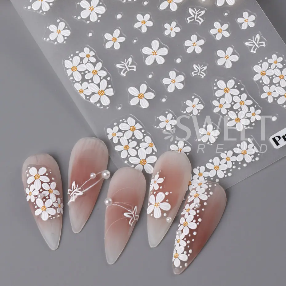 5D Embossed Flower Nail Stickers Colorful Simple DIY Wildflower Daisy Geometric Lines Gel Polish Decals Wedding Engraved Slider