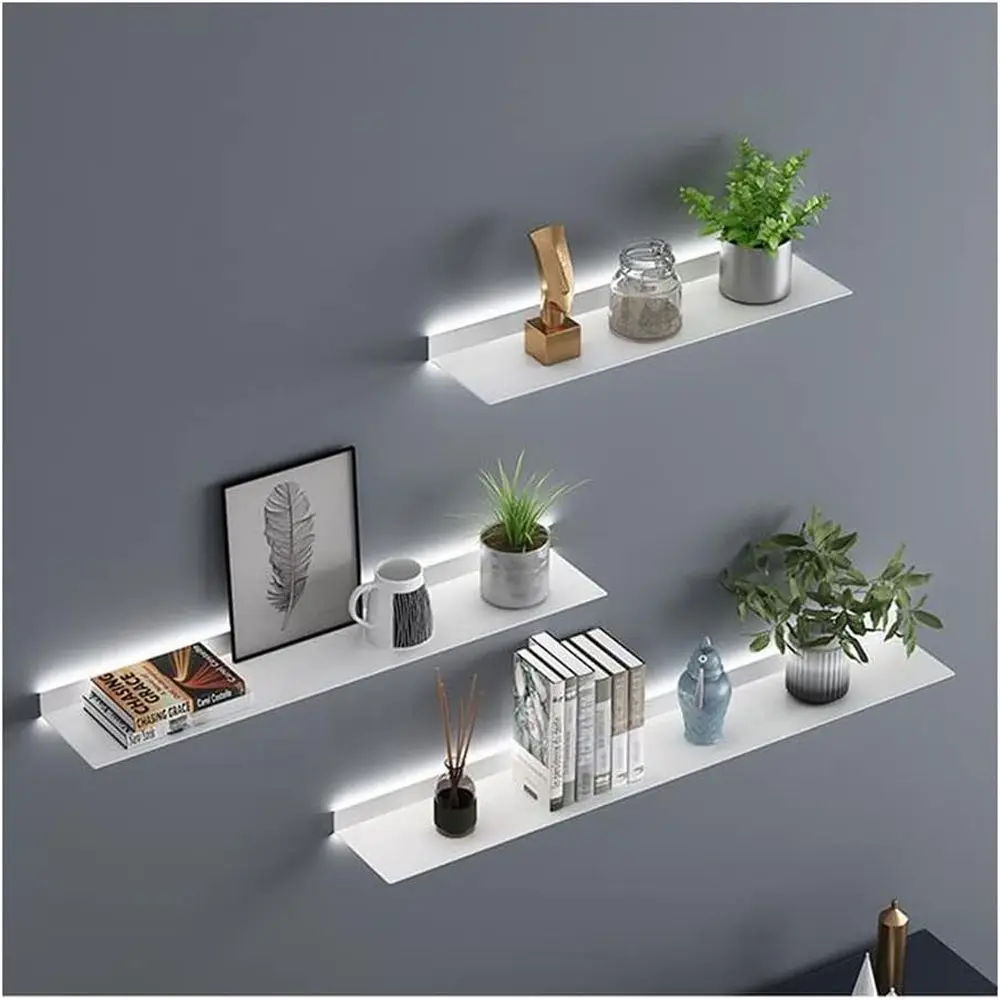 

Illuminated Metal Floating Shelf with Built-in LED Lights for Plants or Books, White, 150x15cm