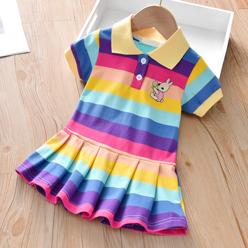 Spring Summer Girls Fashion Casual Wear Rainbow Cartoon Printed Short Sleeved Dress Suitable For Children Clothes Aged 2-6Years