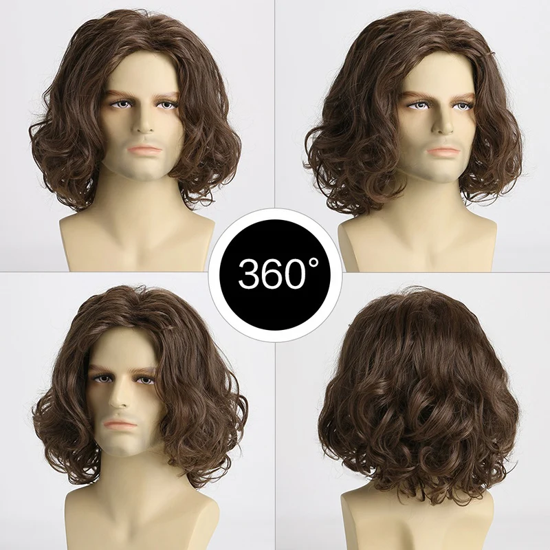 Brown Fluffy Man Short Wig Euramerican Fashion Unisex Retro Curly Hair High-temperature Silk Button Mesh Daily Wear Full Wigs