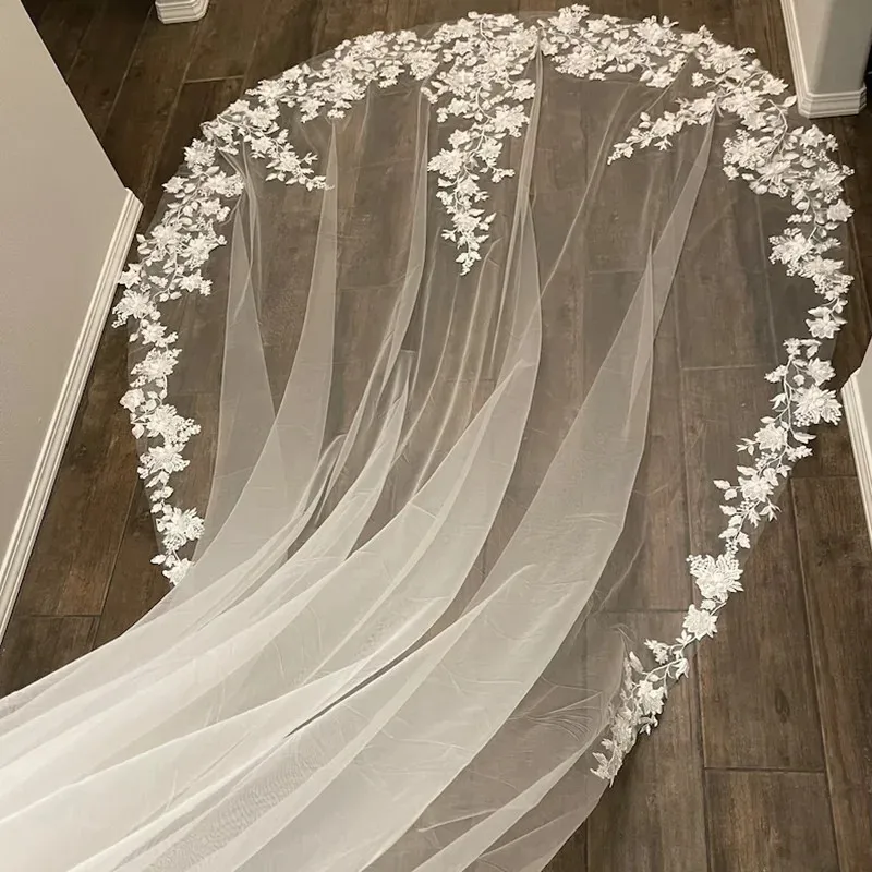 Gorgeous Lace with Pearls & 3D Flowers One Layer Cathedral Length Wedding Veil for Bride image 4