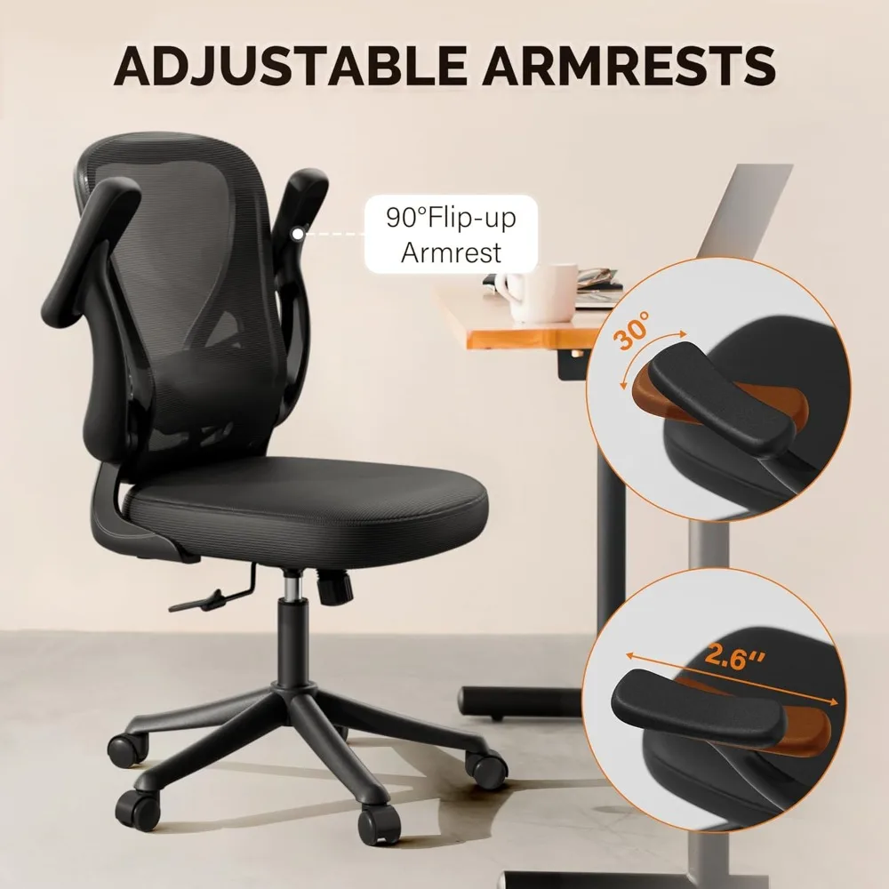 Computer Desk Chair with Wheels, Mesh Office Chair with Flip Up Arms, Adjustable Lumbar Support, Swivel Desk Chair Comfy,