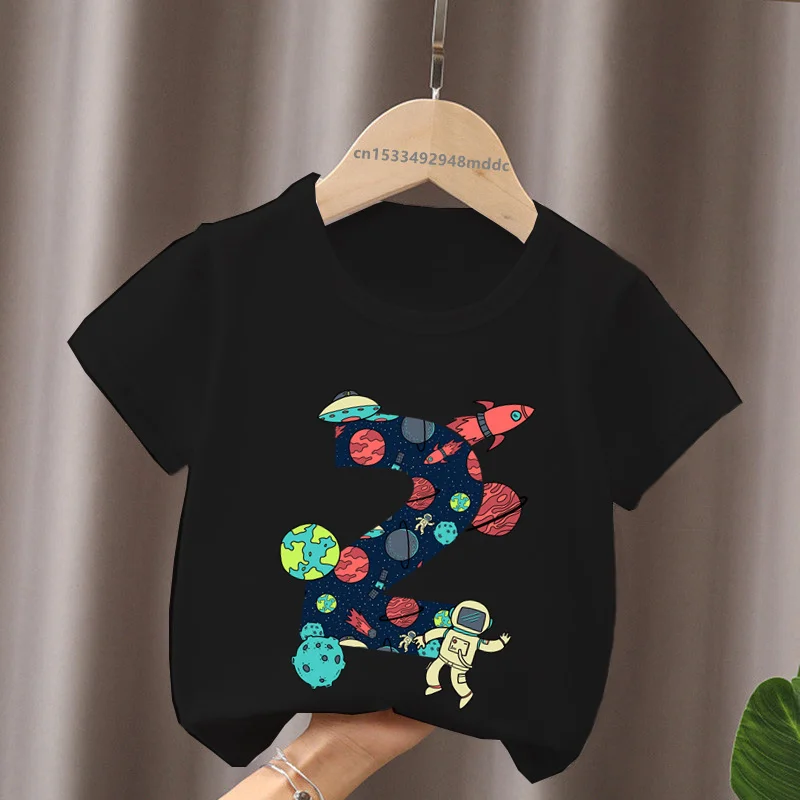 Space and Astronauts Print Birthday Number Bow Kids T shirt 1 2 3 4 5 6 7 8 9 Years Girls Clothes Funny Baby Boys Gift T-Shirts