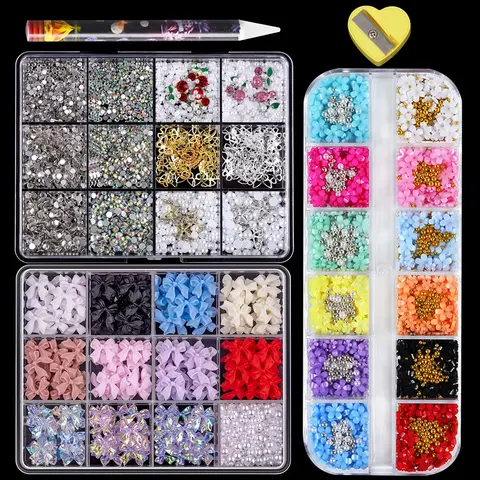 3 scatole/mix di gioielli per unghie multi-stile Strass in vetro con retro piatto mix di colori/forma Strass per nail art in cristallo lucido con retro piatto
